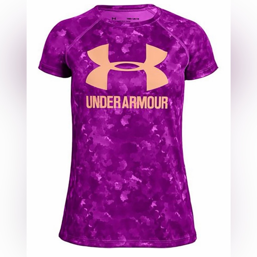 Under Armour purple graphic Tee Girls Logo Magenta Coral youth large 14